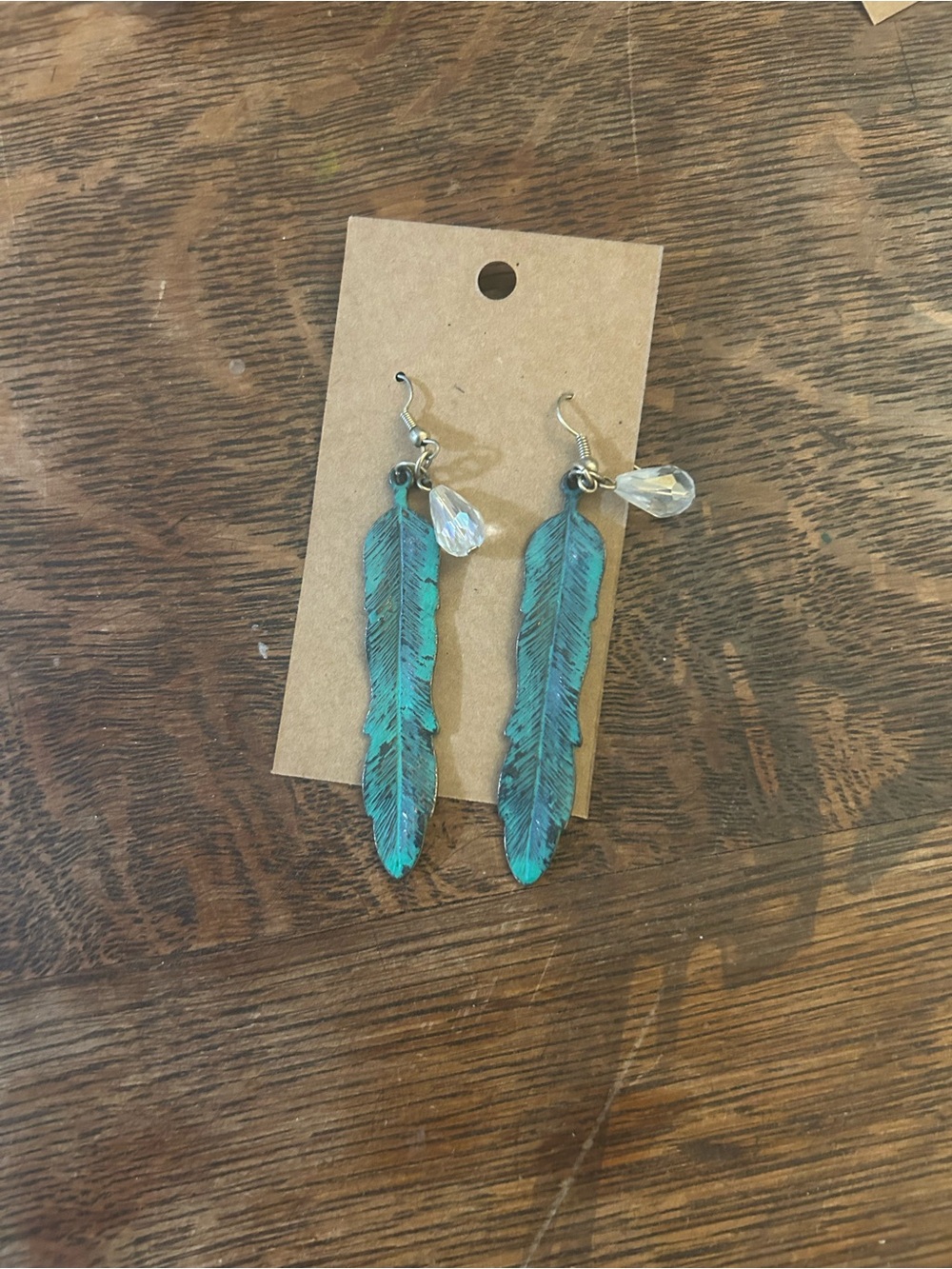 Teal Feather Drop Earrings with Crystal Accent